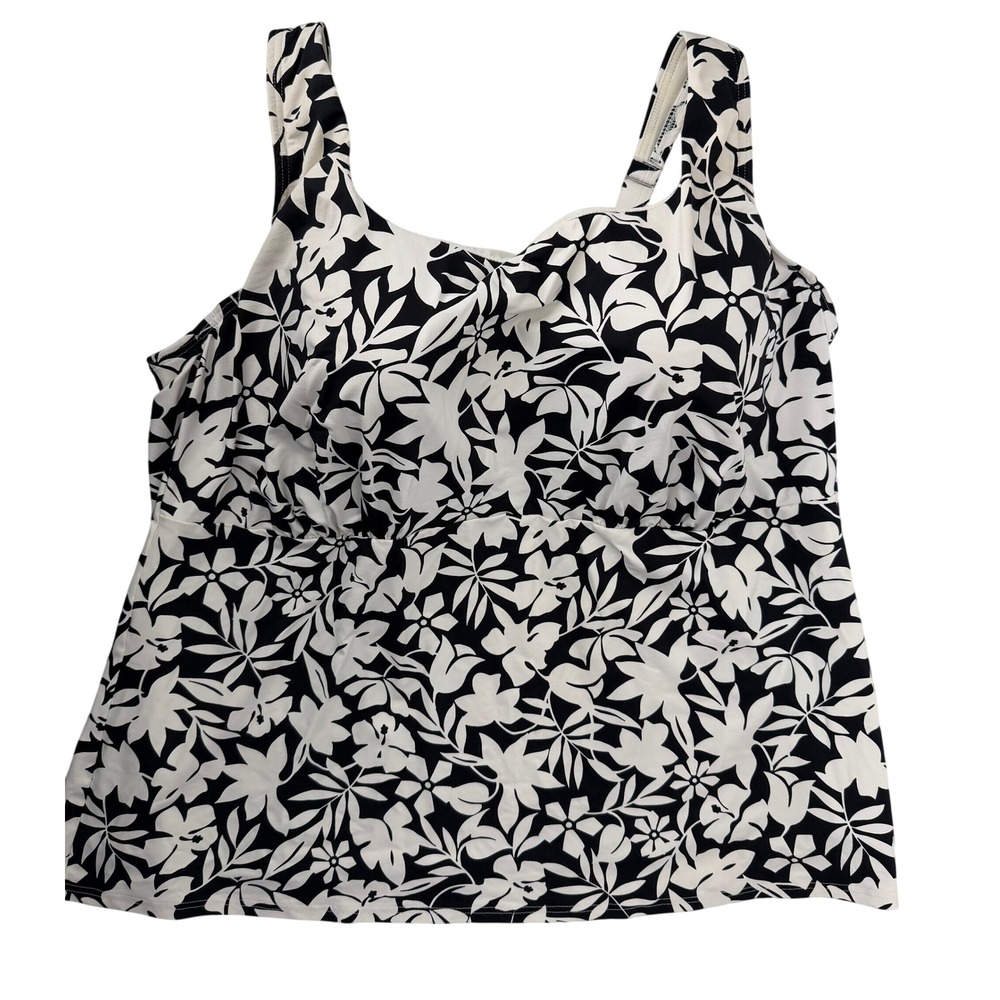 Lands End Womens 22W Black White Floral Underwire Tankini Swim Top Hibiscus
